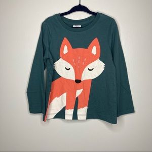 HANNA ANDERSSON Fox Appliqué Long Sleeve Green Emerald Tee Shirt 4 100